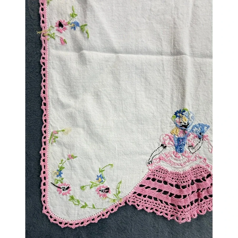 1940's Hand Embroidered Crinoline Lady Table Runner Pink Crochet Lace Trim White
